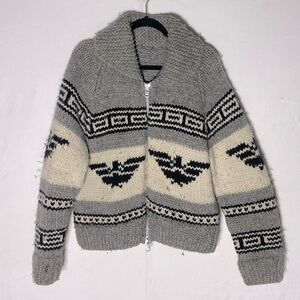 Vintage Handmade Grey Cream Black Cowichan Sweater Zip Cardigan L Boho